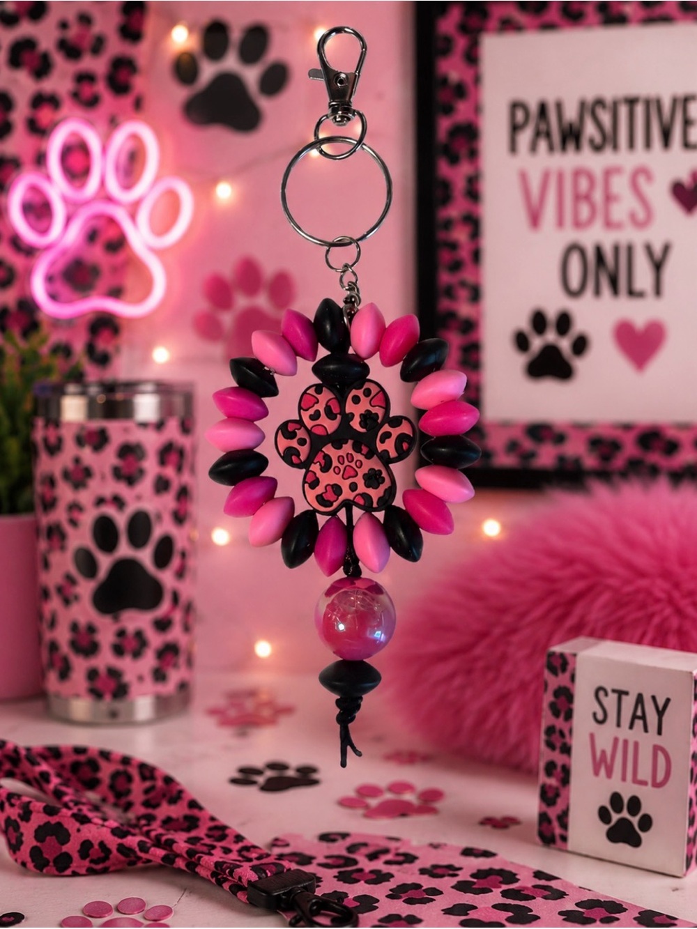 Handmade Pink Paw Print Beaded Keychain